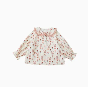 Girls’ Fashionable Breathable Casual Long Sleeved Cotton Doll Collar Blouses Tops Ruffle Bottom Shirts for Children