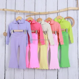 Girls Fitness Sports Suit 2-Piece Yoga Set with Flare Pants and Jacket Workout Clothing for Kids Sportswear