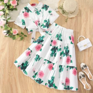 Girls’ Floral Boutique Set Lovely Short Sleeve Shirt and Skirt for Summer 8 12 Years Beautiful Girl Clothing Set