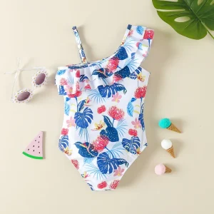 Girls’ Floral One piece Swimsuit with Off shoulder Straps Children’s Swimwear Hot Spring appropriate Cute Printed Bikini
