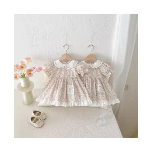 Girls’ Floral Princess Dress Baby One Year Old Doll Collar Short Sleeves Summer Dress Lace Sweet for Children