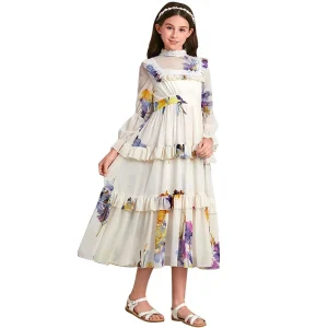 Girls Floral Printed Long Dress with Ruffled Layers Lace Collar Beige Islamic Kids Clothing