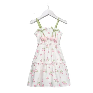 Girls Floral Sundress Pink Cherry Print Green Strap Ruffle Hem Summer Dress Sweet Holiday Wear for Casual Party