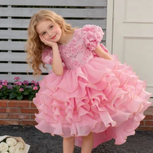 Girls Formal Dress Skirt With Puffed Sleeves Embroidered Trailing Princess Dress for Birthday Party and Flower Girls