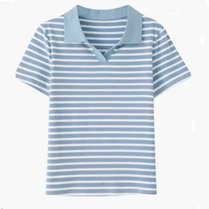 Girls Golf Wear Custom Printed Women Polo T shirt Short Sleeve Blue Stripe Polo T shirt for Woman With a logo Striped