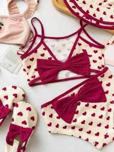 Girls Heart Print Bikini Set With Large Bow 2 Piece Swimsuit Cute Cherry Heart Pattern Kids Swimwear