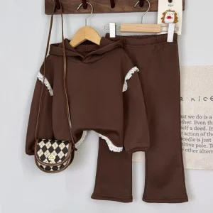 Girls’ Hooded Thickened Two-Piece Sweater Set Autumn Winter Korean Style 100% Polyester Children’s Clothing