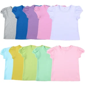 Girls Htv Blanks T shirt Embroidery Cotton Tee Boutique Style White Puff Sleeves Blouse