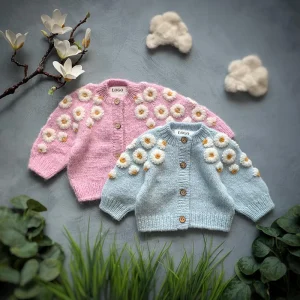 Girls Kids Flower Pattern Long Sleeve Loose Knitwear Sweater V Neck Button Down Knitted Cardigan Blue Baby Chunky Knit Sweater