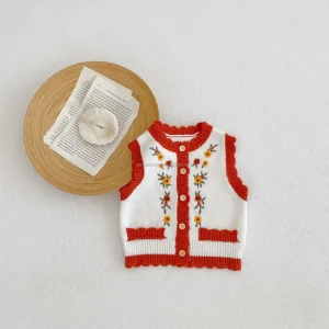 Girl’s Knitted Vest Lovely Sweet Baby Sweater Floral Wool Sleeveless Sweater Vest for Girl With Flower