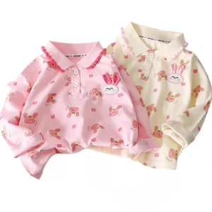 Girls Korean Lace Autumn New Fashion Top Polo Collar Long Sleeve Little Girl Pink Bottom Shirt