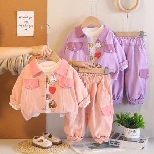 Girls’ Korean Style Long-Sleeve Cartoon Three-Piece Set Cotton Baby Princess Casual Outfit for Spring Autumn Children’s Suit
