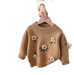 Girls Korean Sweet Pullover Baby Autumn and Winter Knitwear Little Girl O-neck Flower Sweater