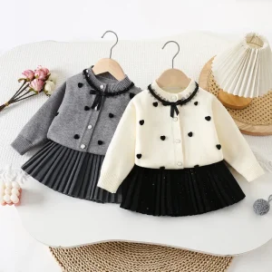 Girls Lace Collar Lace Sweater Dress Set for Spring and Autumn New Cute Girls Knitted Sweater Two-piece Set