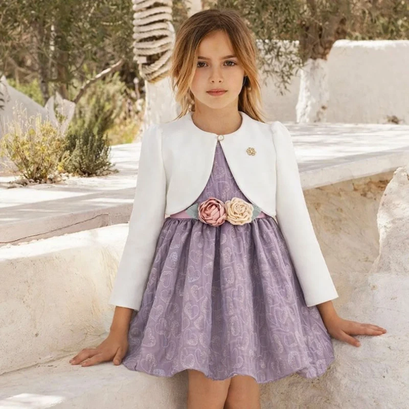 Girls Lavender Autumn Satin Party Dress Set with White Jacket Floral Princess Casual Occasion OEM ODM Kids