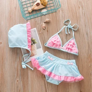 Girls Light Blue and Pink Ruffle Two Piece Bikini Swimsuit with Matching Swim Cap Halter Neck and Bow Detail for Toddlers
