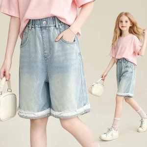Girls Light Wash Denim Bermuda Shorts Lace Trim Elastic Waist Kids Jean Shorts for Summer