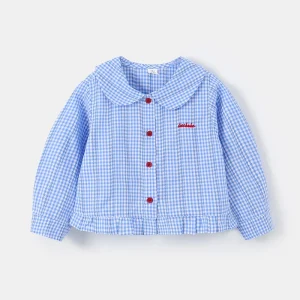Girls Long Sleeve Blouse with Sweet Peter Pan Collar All Over Plaid Pattern Adorned with Cute Embroidery for Spring and Fall
