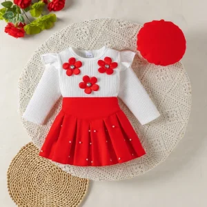 Girls Long Sleeved Top and Short Skirt Set Dress with Puff Sleeve Spring Autumn Color Cute Children’s Dress Set