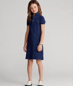 Girls Navy Blue Short Sleeve Polo Dress Kids Cotton Pique School Uniform Casual T shirt Dress for Little Girls