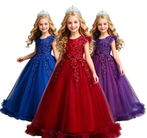 Girls’ New Chiffon Princess Knee Length Breathable Short Sleeve Summer Performance for Piano Performances (for Older Girls)