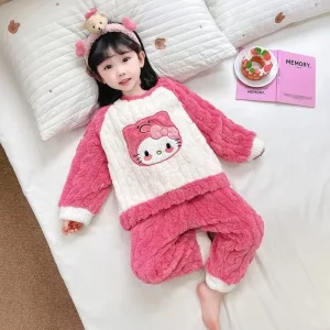Girls’ Nightwear Set Long Girls’ Pajamas with Fleece Lining Plus Outerwear of Coral Fleece Bath Set