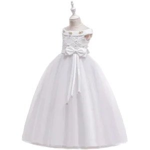 Girls Off Shoulder Princess Dress Kids Big Girls Bow Long Maxi Gown Children Stage Performance Wear Birthday Party Evening Dress