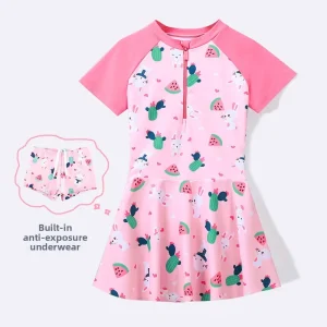 Girls One Piece Skirt Swimsuit Built-in Shorts Short Sleeve UPF50+ Sun Protection Children’s Swimwear Nylon Polyester Cartoon