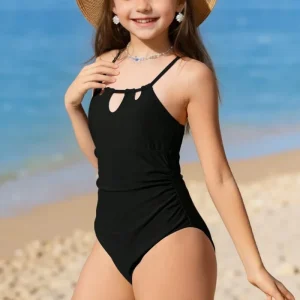 Girls One-Piece Solid Swimsuit Backless Cross Strap for Teen & Big Girls Children’s Swimwear