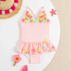 Girls One Piece Swimsuit with Flower for 1 4 Years Sweet Pink One Piece Bathing Suit for Little Girls