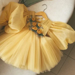 Girls’ One Year Old Princess Flower Girl Wedding Dress Ball Gown Floor length with Puff Sleeves Polyester Summer Dress