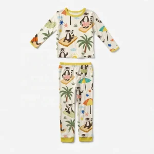 Girls Organic Cotton Animal Print Soft Comfortable Breathable Long Sleeve Two Piece Top Trousers Pajama Set Kid Autumn Sleepwear