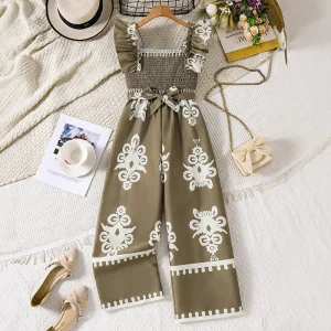Girl’s Overalls Summer Dark Khaki Print Sleeveless Jumpsuit for Girls