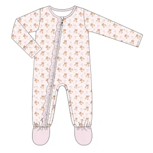Girls Pajama Set Cotton Long Sleeve Ruffled Collar Cuffs Cute Bear Bowknot Print Soft Comfortable Sleepwear for Kids