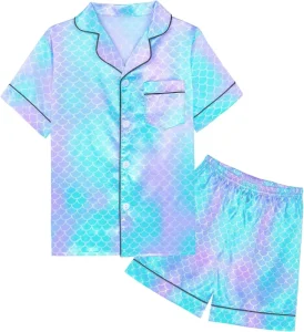Girls Pajamas Satin Short Sleeve Button Down Silky Pjs Girls’ Sleepwear Set for Toddler Kids 3T 10Y