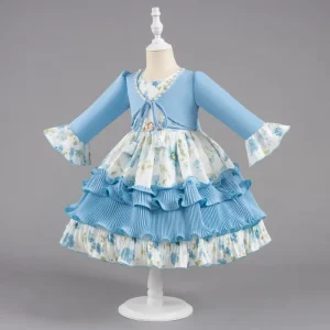 Girl’s Party Dress Blue Wash Painted Ruffle Sleeve Kids Clothing Wedding Party Dresses Birthday Costumes