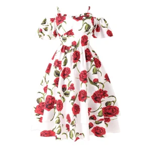Girls Party Dresses Fashion Rose Printed Kids Long Dresses Casual Teenage Girls Dresses