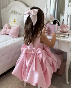 Girls Pink Knee Length Formal Satin Ball Gown Dress O Neck Bow Decor Children’s Plain Dyed Clothing
