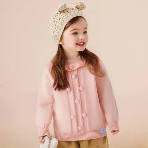 Girls’ Pink Knitted Cardigan with Ruffled Collar & Cute Buttons – Toddler Casual Sweater