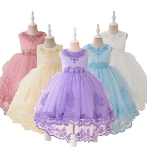 Girls Pink Sleeveless Tulle Ball Gown with Beaded Lace High Low Hem Princess Dress Party Birthday Kids Dress