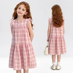 Girls Plaid Ruffle Sleeveless Dress Kids Casual Tiered A Line Checkered Sundress Summer Children Clothing