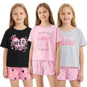 Girls Plus Size Summer Pajama Sets 2Pcs Short Sleeve Top Sleepwear for Kids & Teens 8 15 Years Quick Dry Breathable