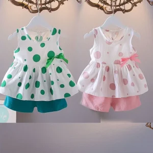 Girls Polka Dot Bow Sleeveless Set Summer Blouse Shorts 2pcs Outfit Toddler Baby Girl Sweet Clothes