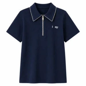 Girls Polo T shirt 92% Cotton 8% Spandex Crochet Turn down Collar Kids Short Sleeve Top Teen Girls Half Zip Embroidery Tee
