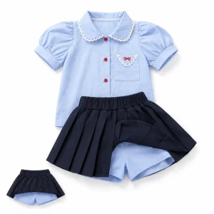 Girls Preppy School Outfit Lace Collar Puff Sleeve Shirt Navy Pleated Skort 2 Piece Summer Boutique Kids Sets
