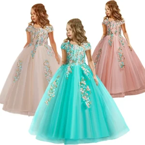 Girls Princess Dress Long Lace Wedding Style with Hot Cross-Border Fluffy Gauze Skirt for Children’s Parties and Birthdays