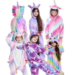 Girls Purple Flannel Jumpsuit Pajamas Summer Onesie Kigurumi Sleepwear with Glow Dark Animal Design Kids Ropa De Nia