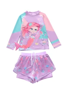 Girls Rash Guard Swimsuit Two Pieces Long Sleeve Mermaid Bathing Suit Pants Skirt Children’s Beach Sport Swimwear