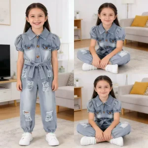 Girls Set Children’s Clothing Summer Fashion Denim Short Sleeved Jumpsuit Pants+Belt