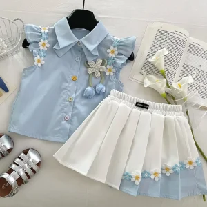 Girls Set Summer New Baby Flower Short Sleeve Top Elastic Waist Pleated Skirt Two Piece Set Children Clothing